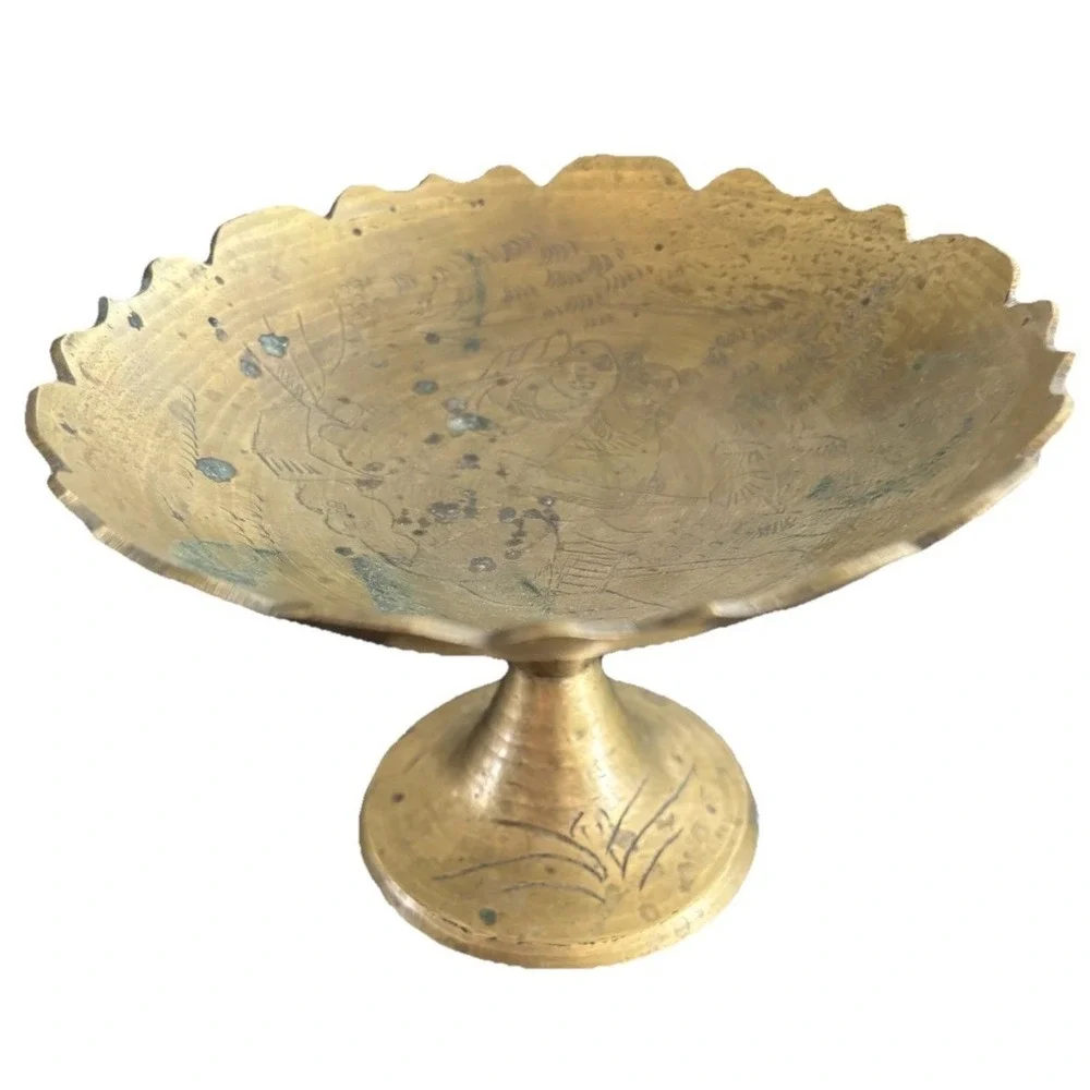 Vintage Solid Brass Compote With Etching 5 5/8
